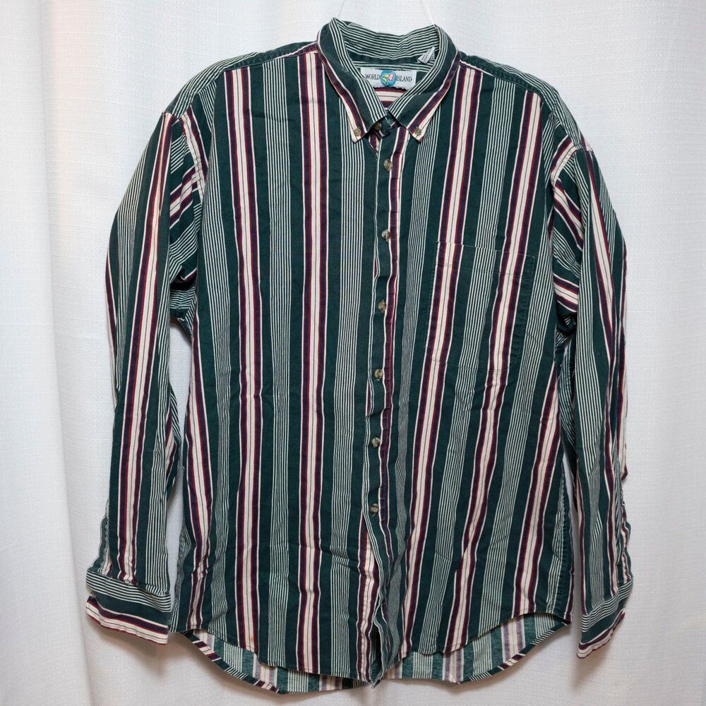 World Island Button Down Shirt Mens XL Green Red Striped Vintage 90s USA